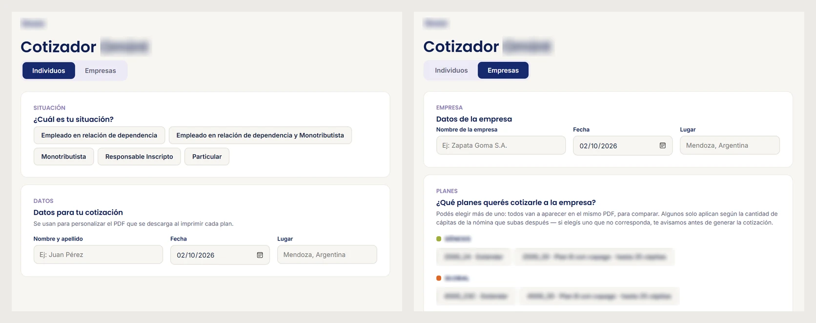 Cotizador web: pantallas de Individuos y Empresas, con la marca y los planes desenfocados